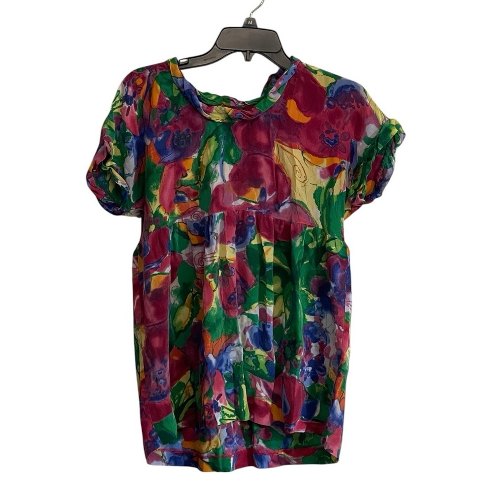Victor Alfaro Silk Blouse Small Mulicolor Short Sleeve Empire Waist Artsy 90's